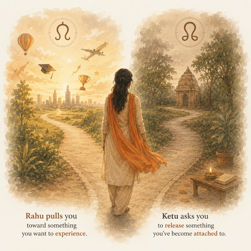 A woman stands at a fork in the path. On the Rahu side, a golden city skyline with a graduation cap, aeroplane and trophy rising into the dawn. On the Ketu side, a quiet stone temple among trees with a lit diya and a book.
